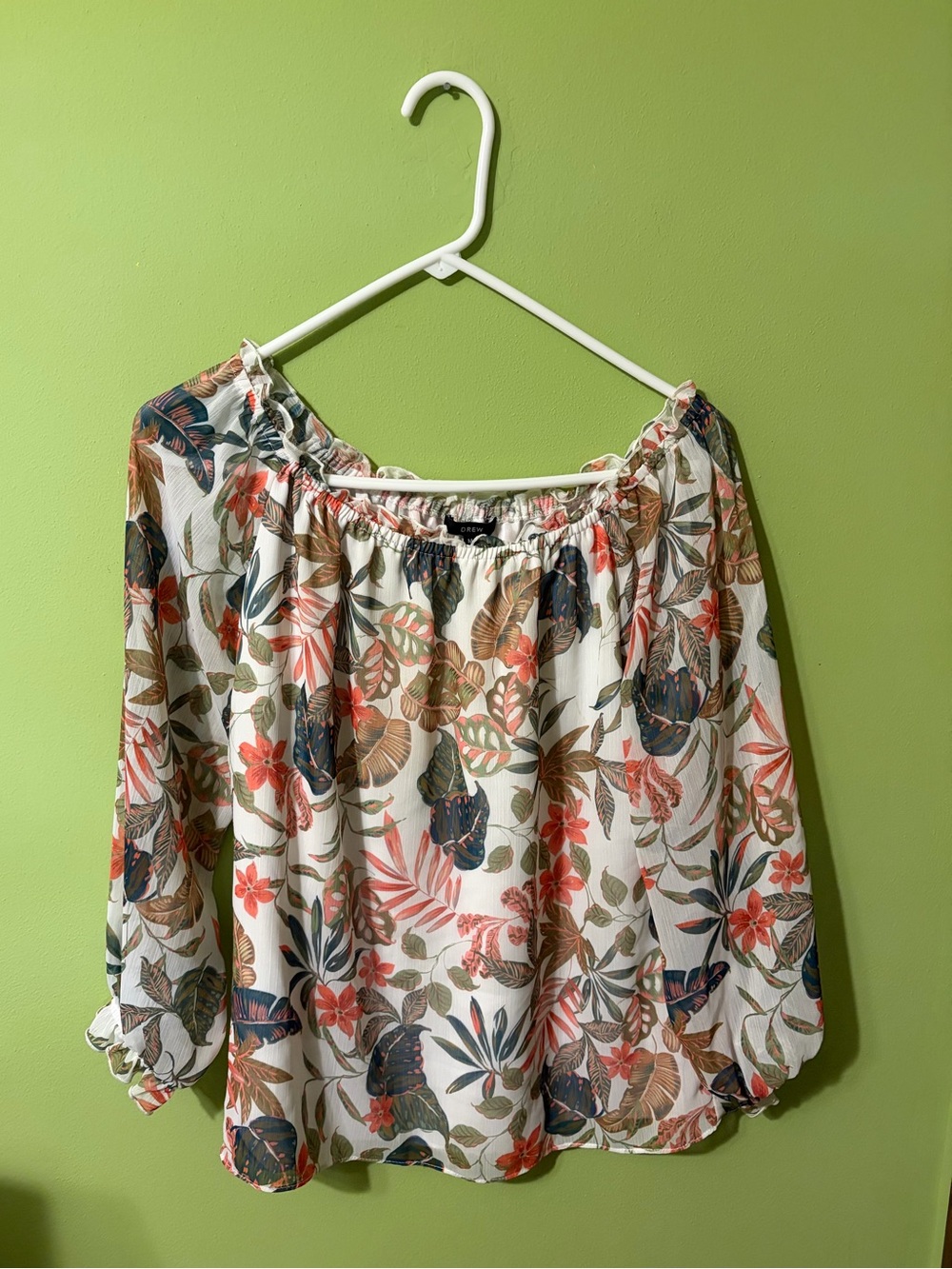 DREW Cream Floral Blouse with Coral and Green Accents